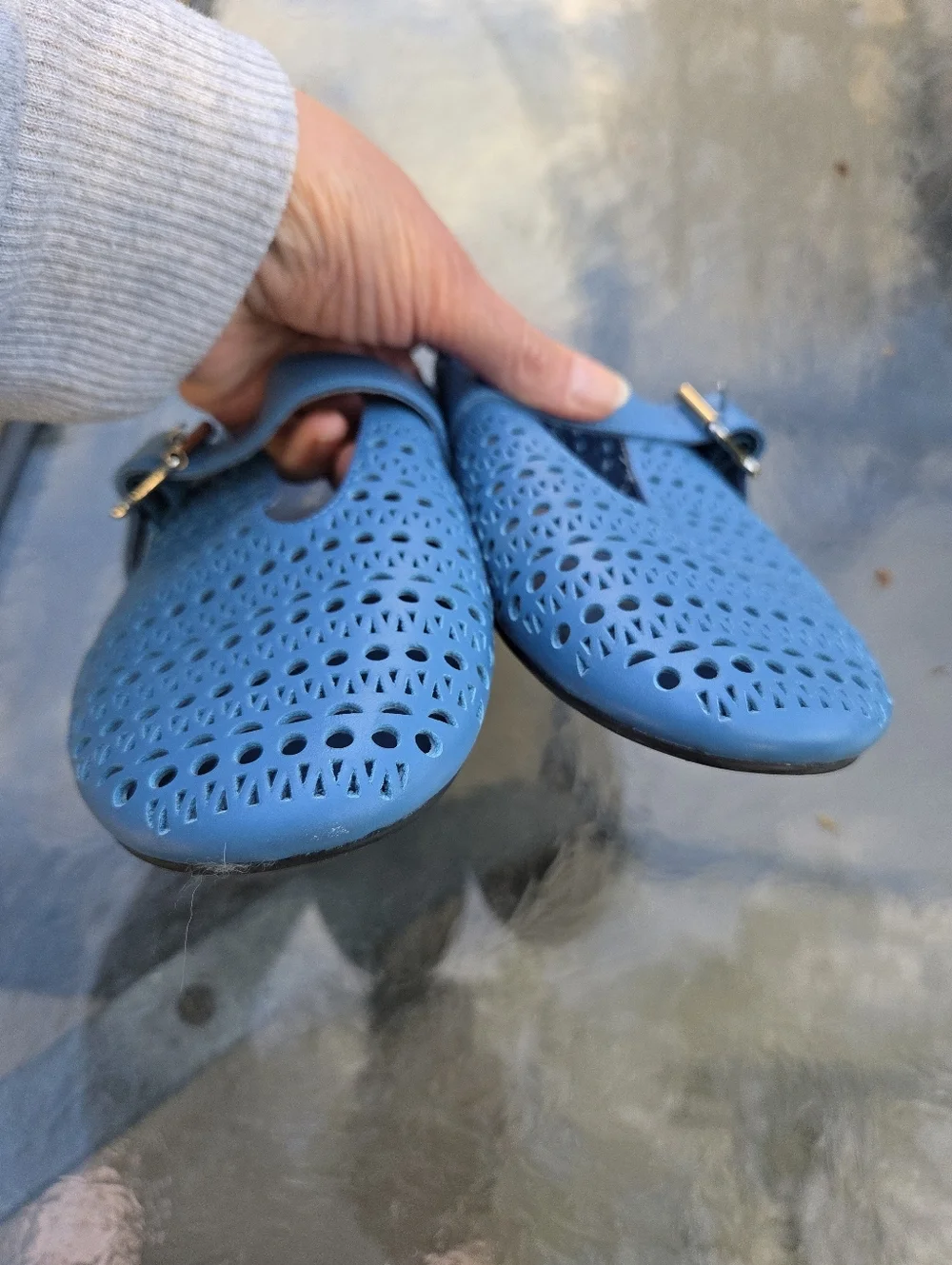 Jeffrey Campbell Blue Perforated Laser Cut Mary Ballet Jane Flats Buckle Strap - Picture 6 of 9